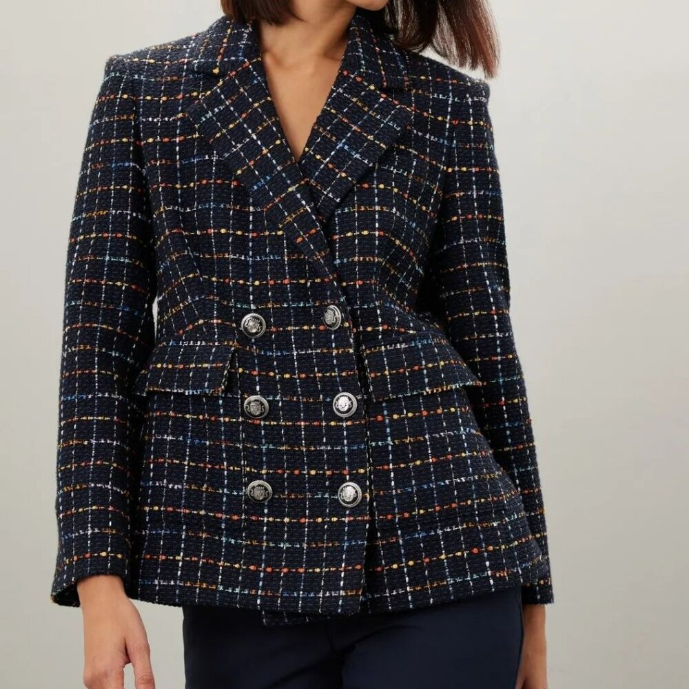 Veronica Beard Rumer Dickey Blazer Jacket Size 2 Tweed Double Breasted Navy Mult